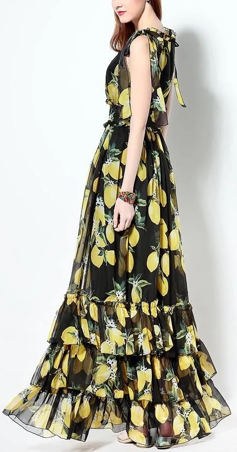 Lemon Print Tiered Long Maxi Dress in Black