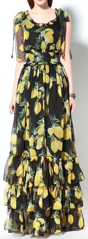 Lemon Print Tiered Long Maxi Dress in Black