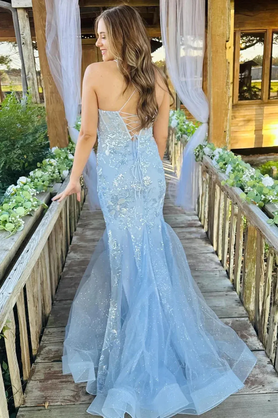 Light Blue Scoop Neck Sequin Lace Trumpet Long Prom Dresses