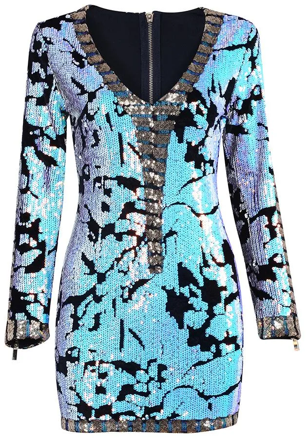 Light Blue Sequin-Embellished Long-Sleeve Mini Dress