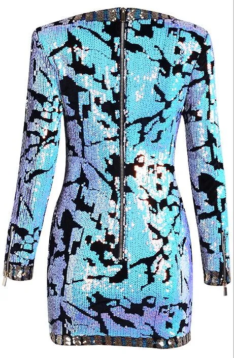 Light Blue Sequin-Embellished Long-Sleeve Mini Dress