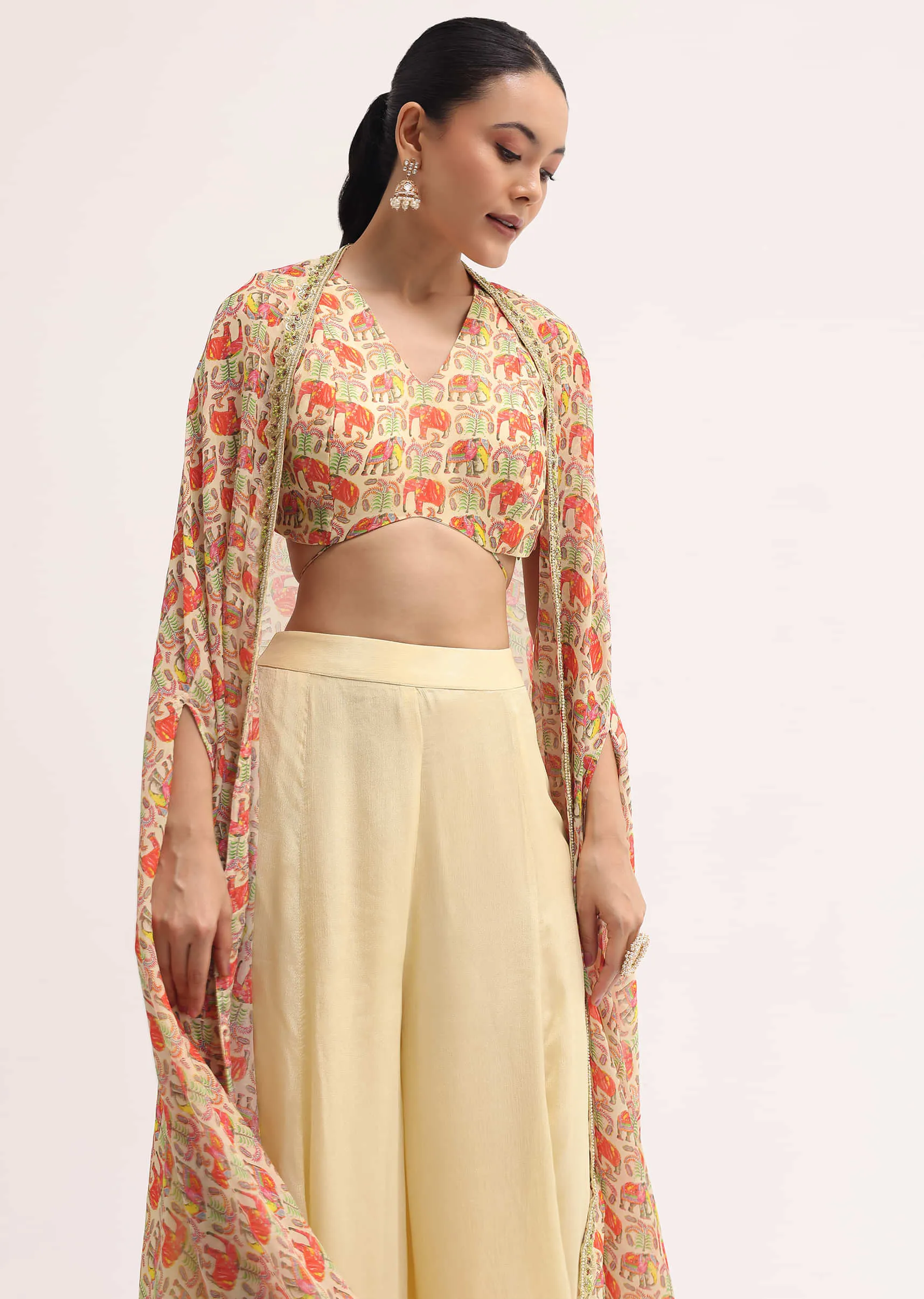 Light Yellow Printed Organza Palazzo Set With Jacket