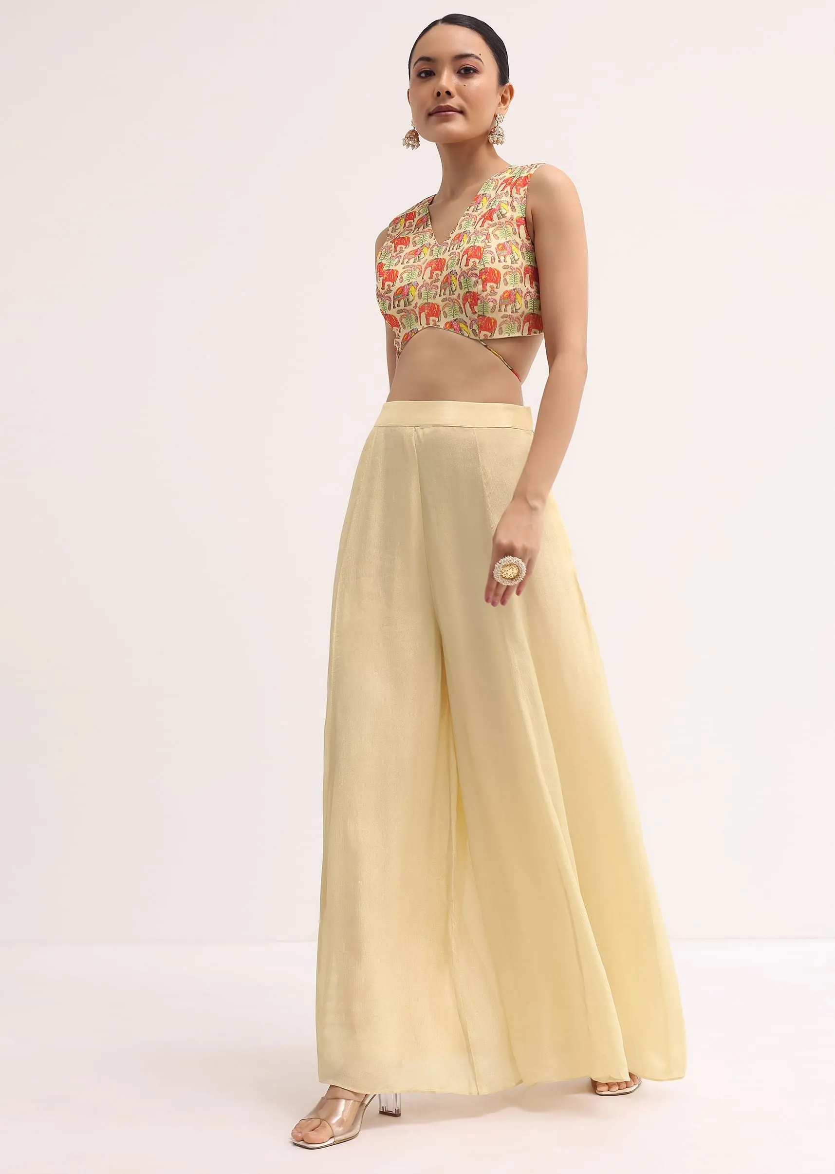 Light Yellow Printed Organza Palazzo Set With Jacket