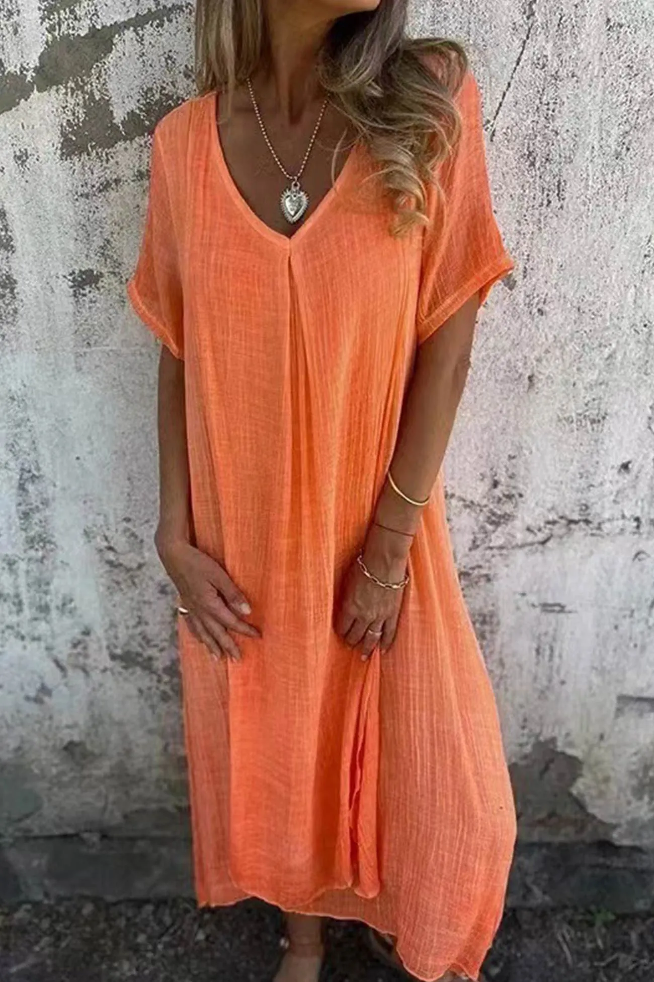 Linen Solid V Neck Midi Dress