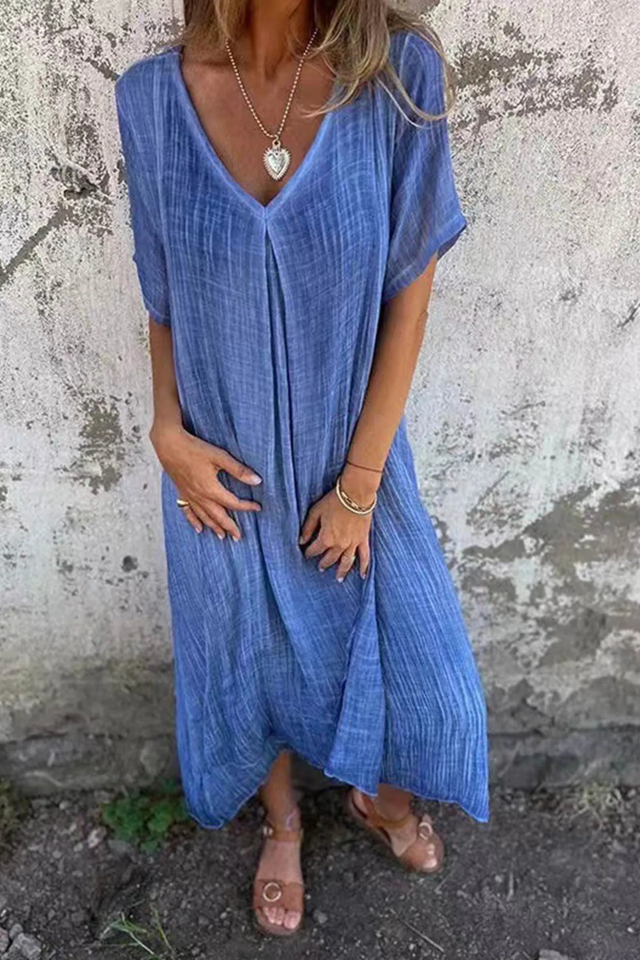 Linen Solid V Neck Midi Dress