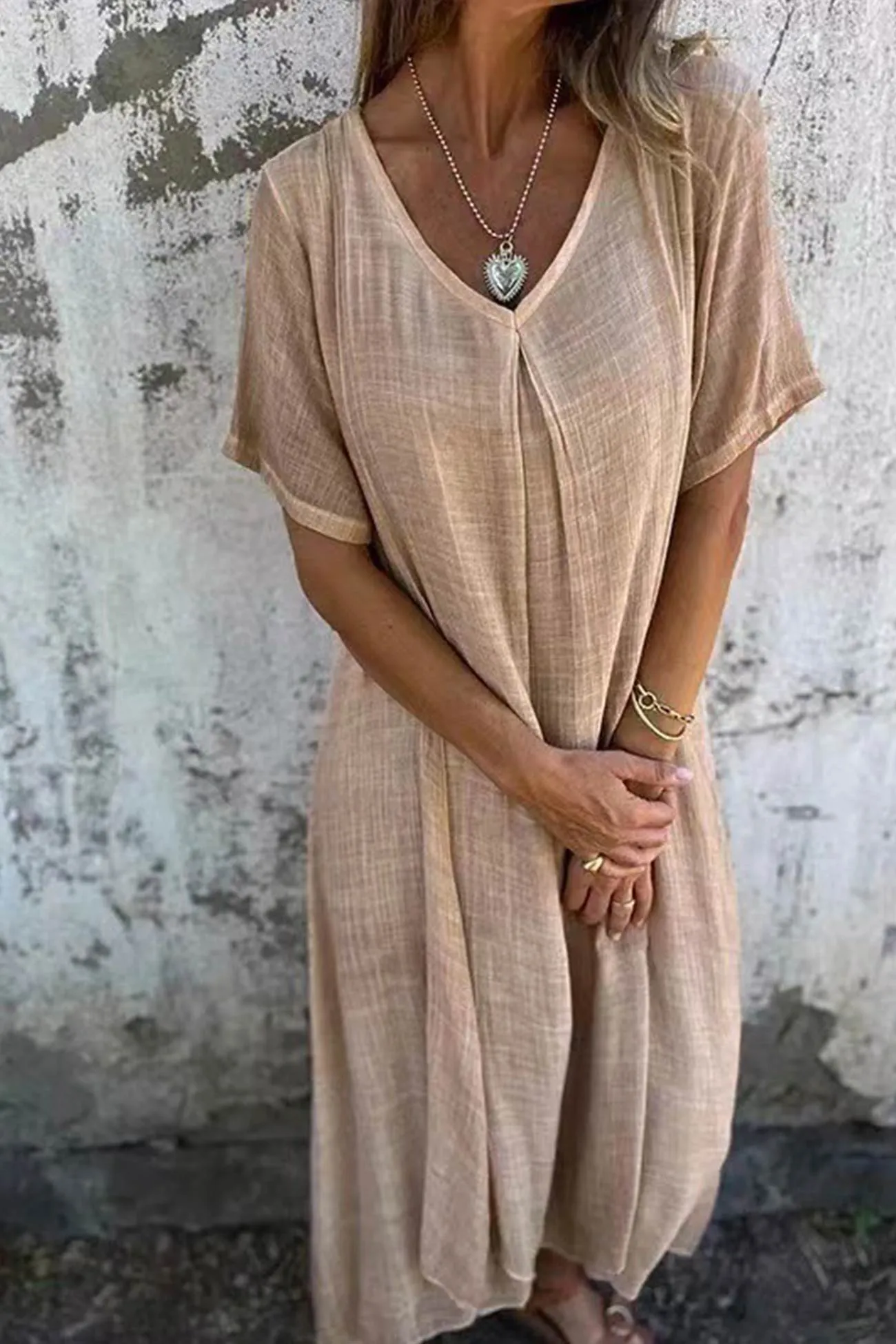 Linen Solid V Neck Midi Dress