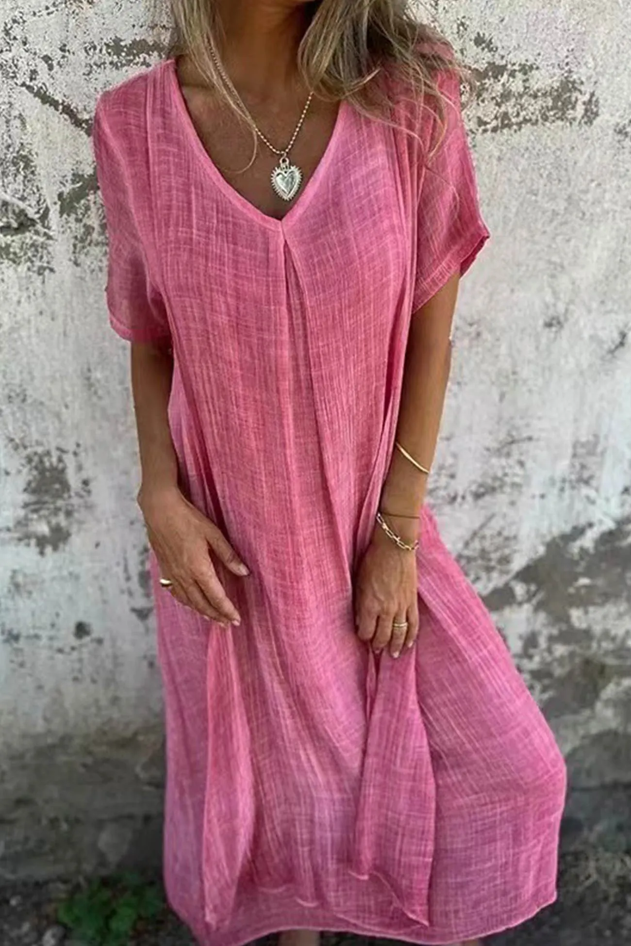 Linen Solid V Neck Midi Dress