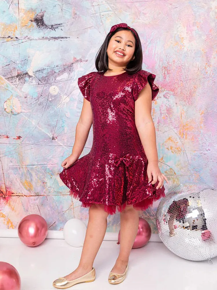 Little Girls Burgundy Sequin Ruffle Tutu Flower Girl Dress 2-6