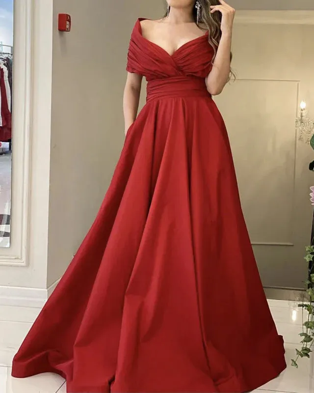 Long Satin Off The Shoulder Dresses A-Line Princess Prom Dresses