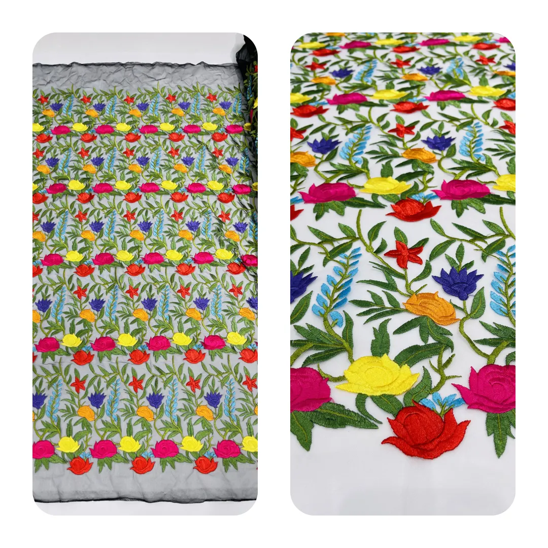 Maria multi color Mexican Sarape floral design embroider on a mesh lace-sold by the yard.