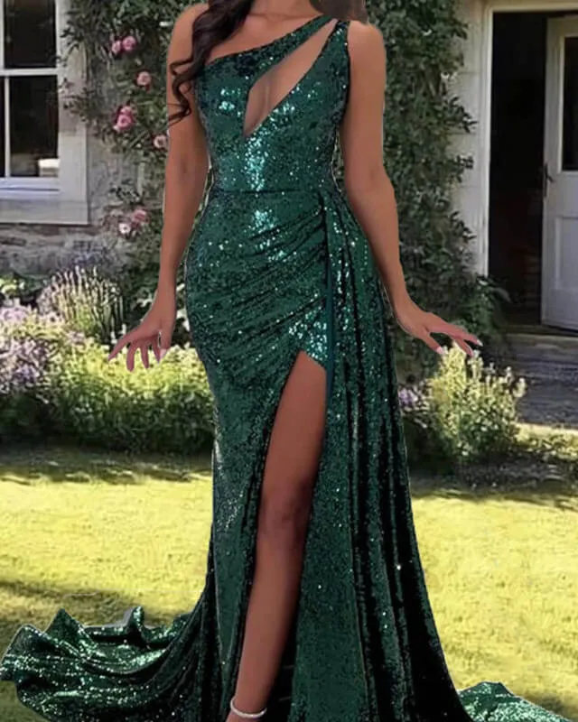 Mermaid Emerald Green Sequin One Shoulder Dress Cutout Prom Dresses with Sweep Train
