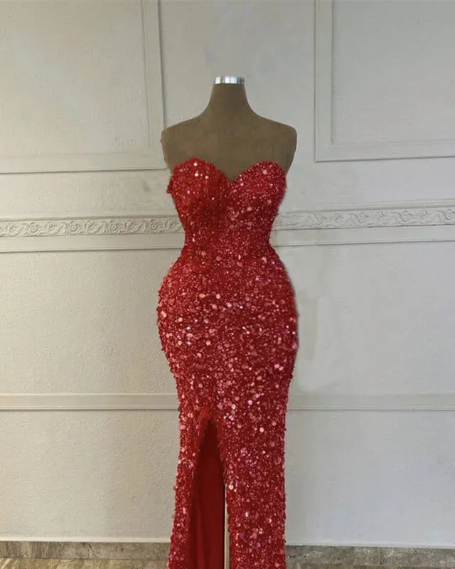 Mermaid Red Sequin Strapless Gown Prom Dresses With Slit