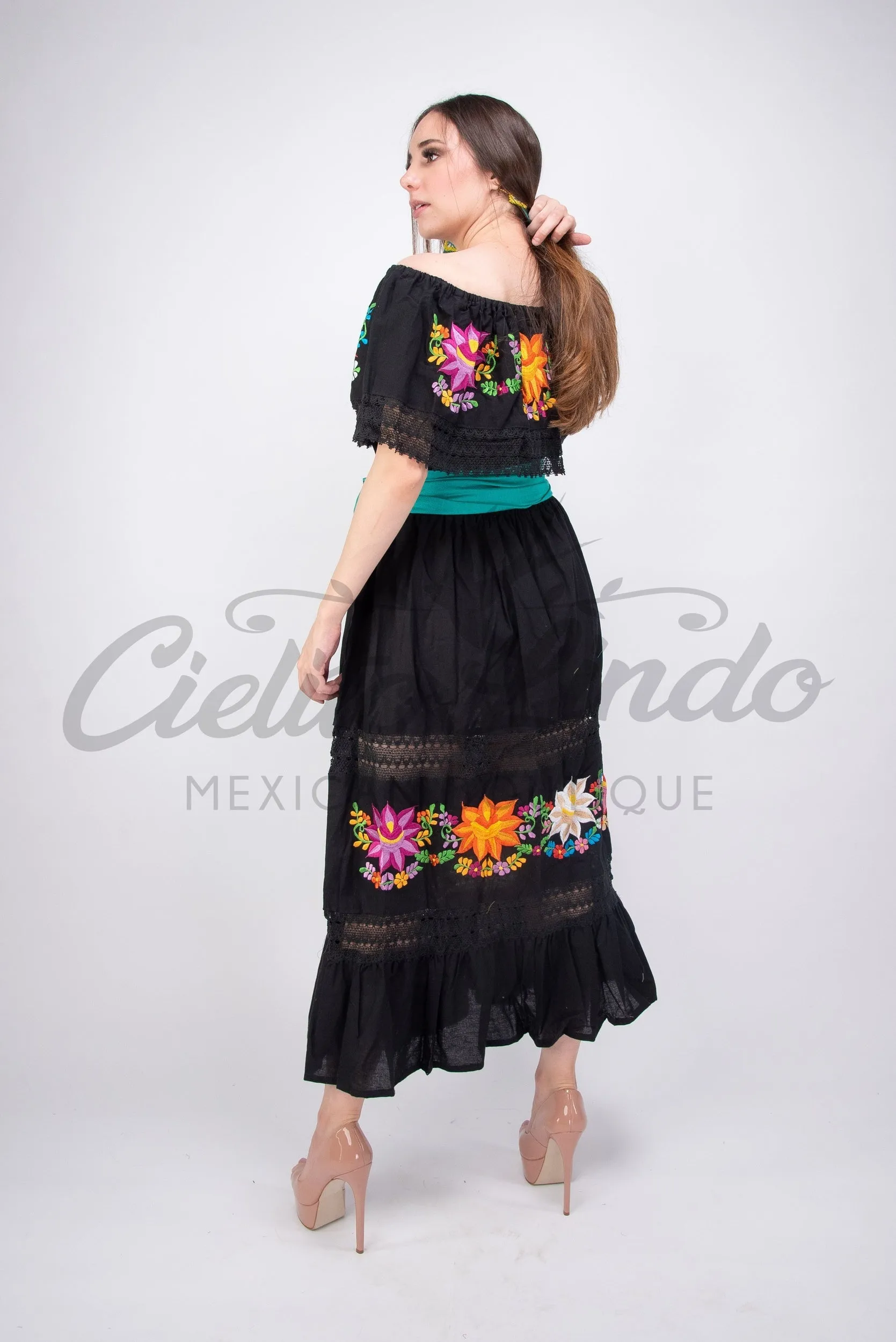 Mexican Luxury Campesino Fino Maxi Dress Black