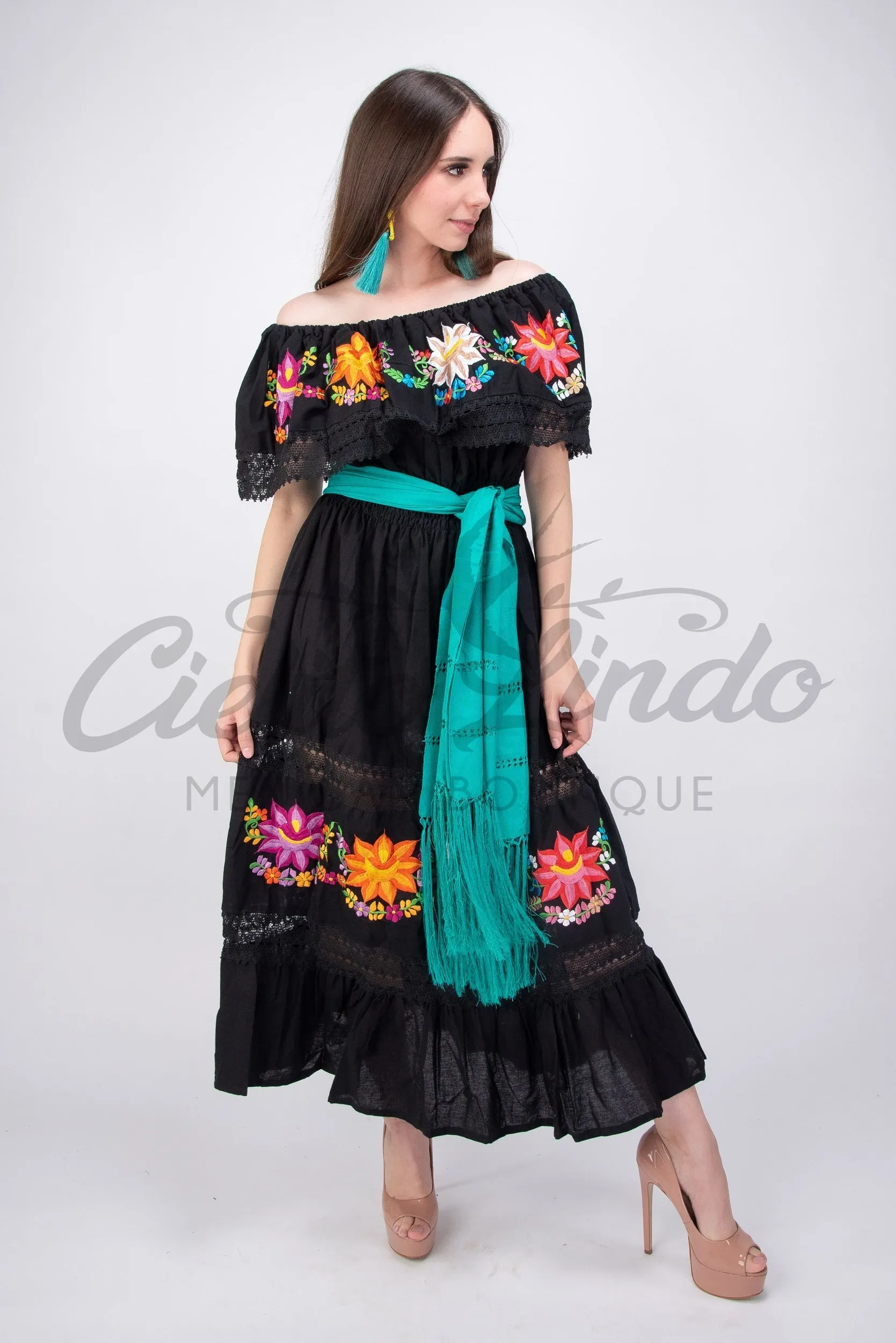 Mexican Luxury Campesino Fino Maxi Dress Black