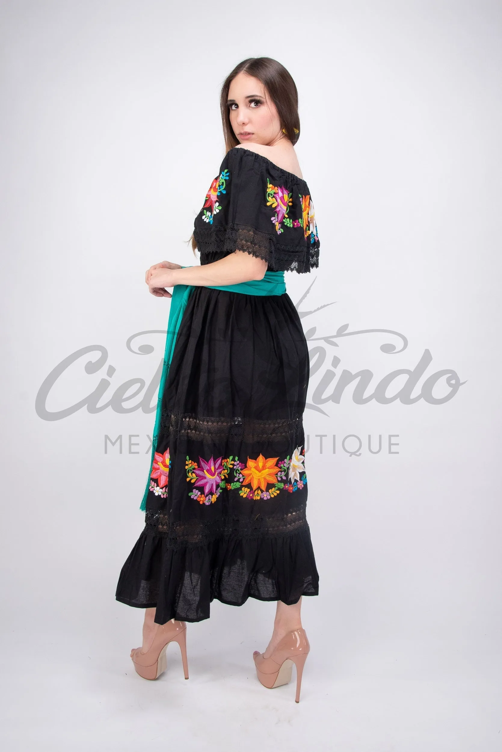 Mexican Luxury Campesino Fino Maxi Dress Black