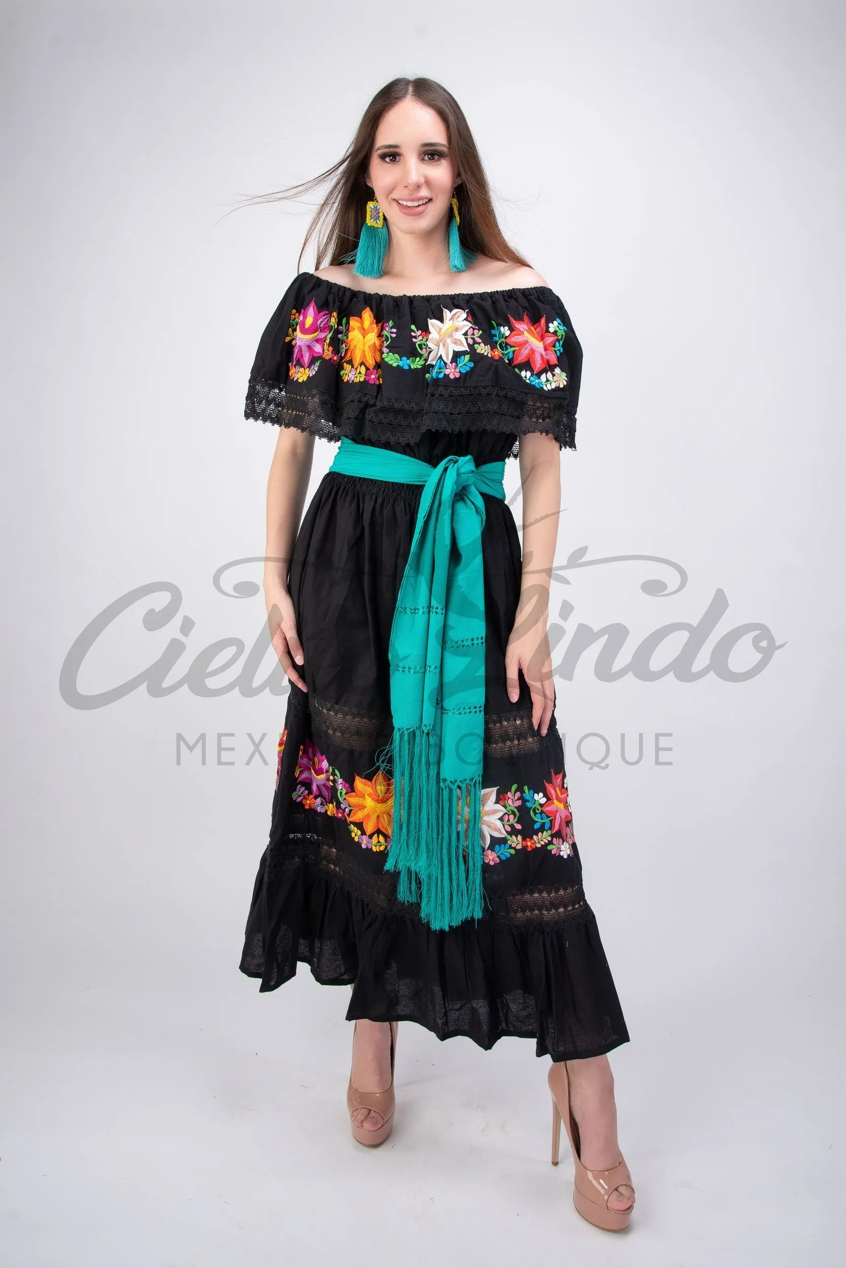 Mexican Luxury Campesino Fino Maxi Dress Black
