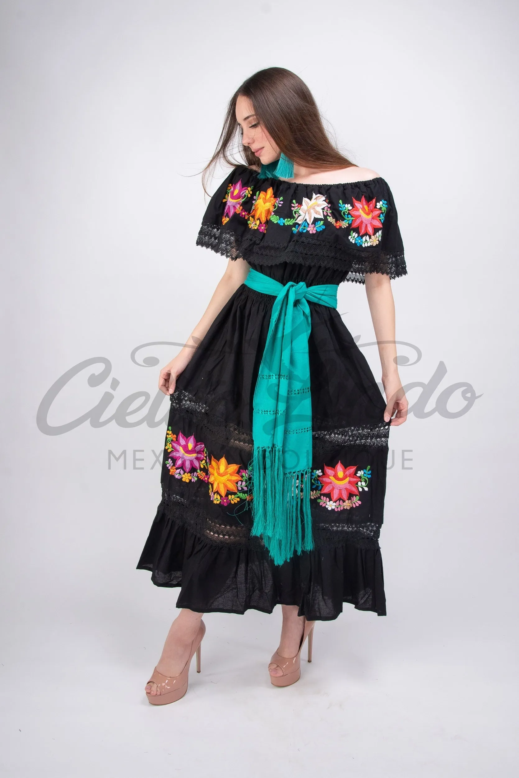 Mexican Luxury Campesino Fino Maxi Dress Black
