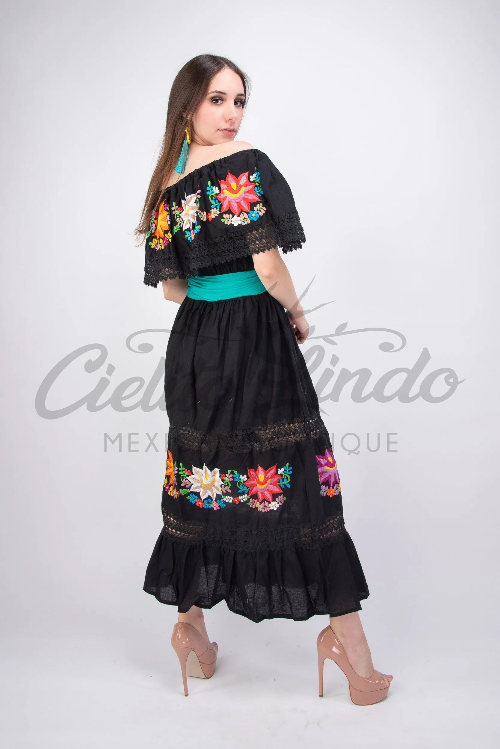 Mexican Luxury Campesino Fino Maxi Dress Black