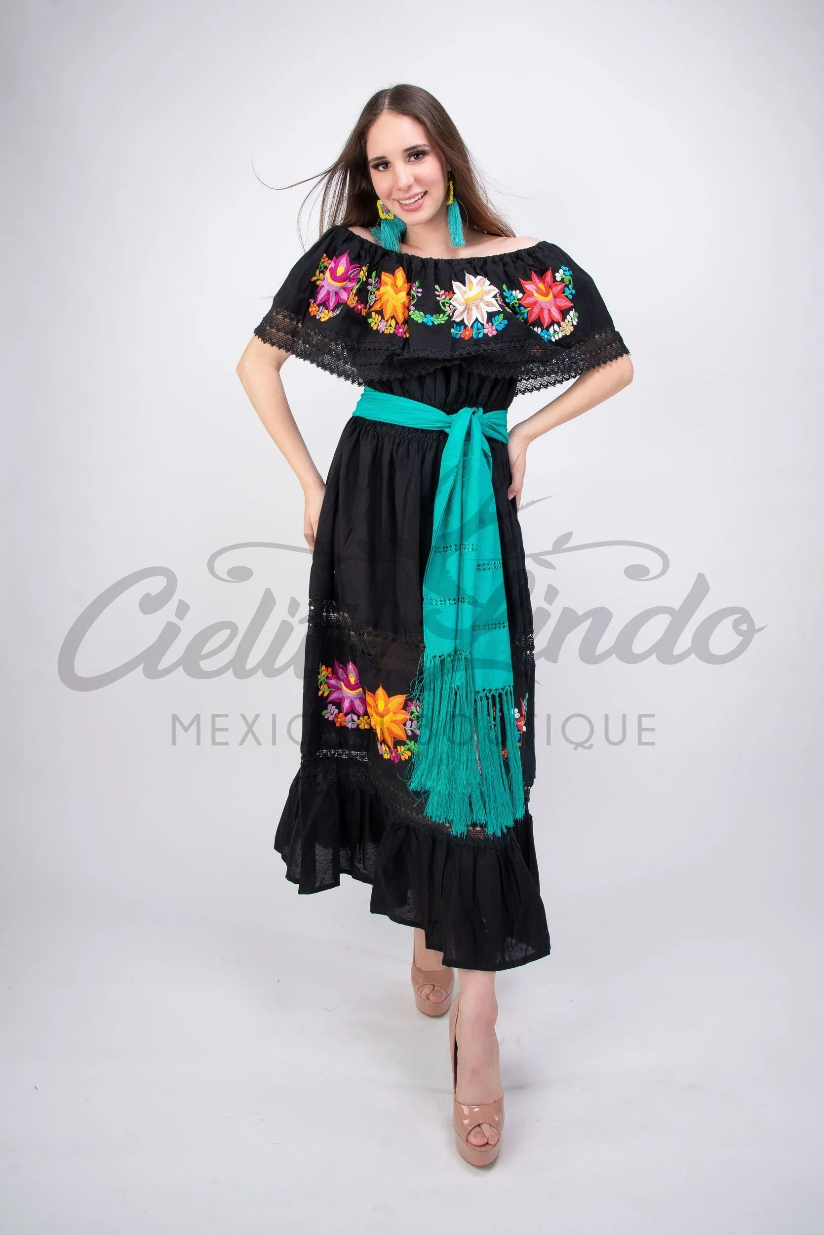 Mexican Luxury Campesino Fino Maxi Dress Black