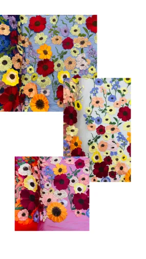 Multi color Sun flower 3d design embroider in a mesh lace-sold by the yard.