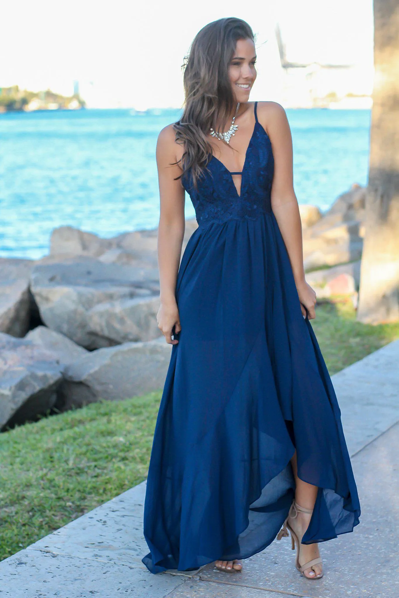 Navy High Low Dress with Embroidered Top
