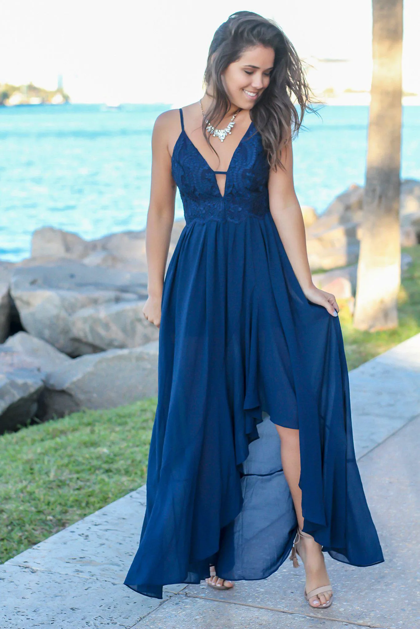 Navy High Low Dress with Embroidered Top