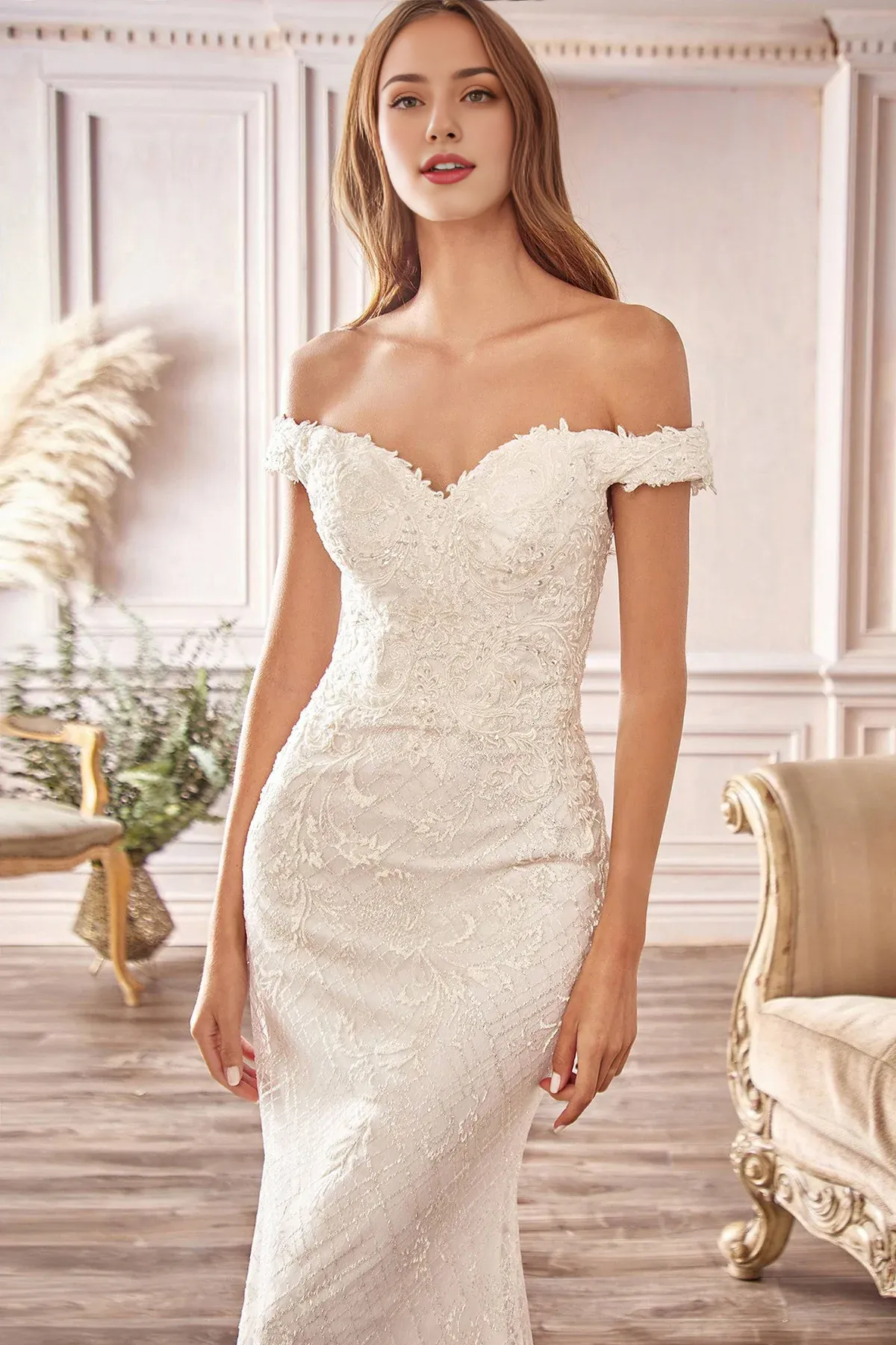 Off Shoulder Mermaid Wedding Dress Lace Sweep Train Dresses Sequins Sparkling Dress