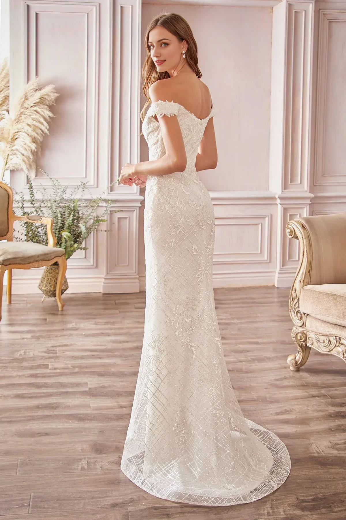 Off Shoulder Mermaid Wedding Dress Lace Sweep Train Dresses Sequins Sparkling Dress