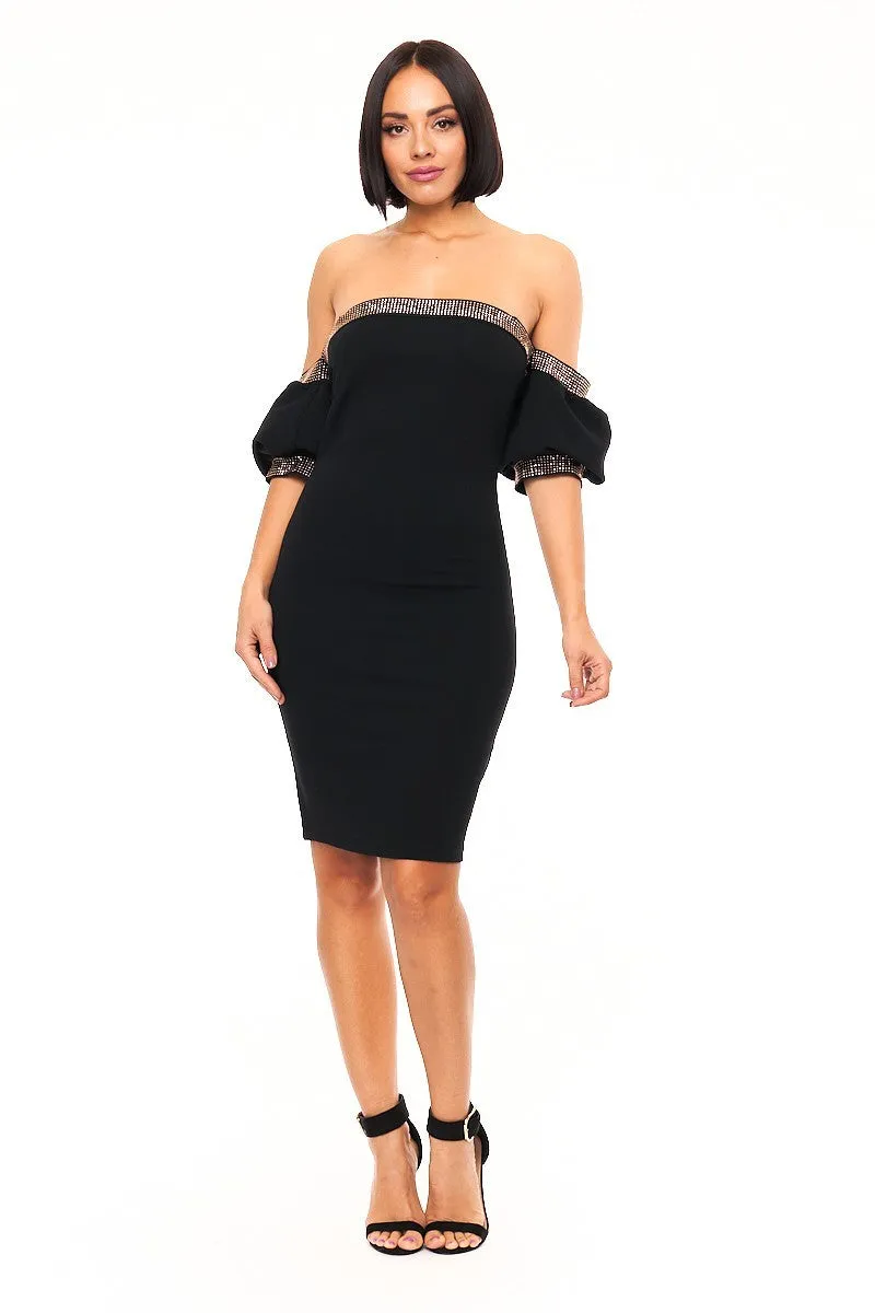 Off Shoulder Ruffle Sleeve Midi Dress