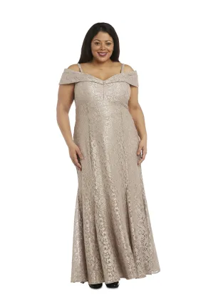 Off the Shoulder Glitter Lace Gown Godet Plts at Hem