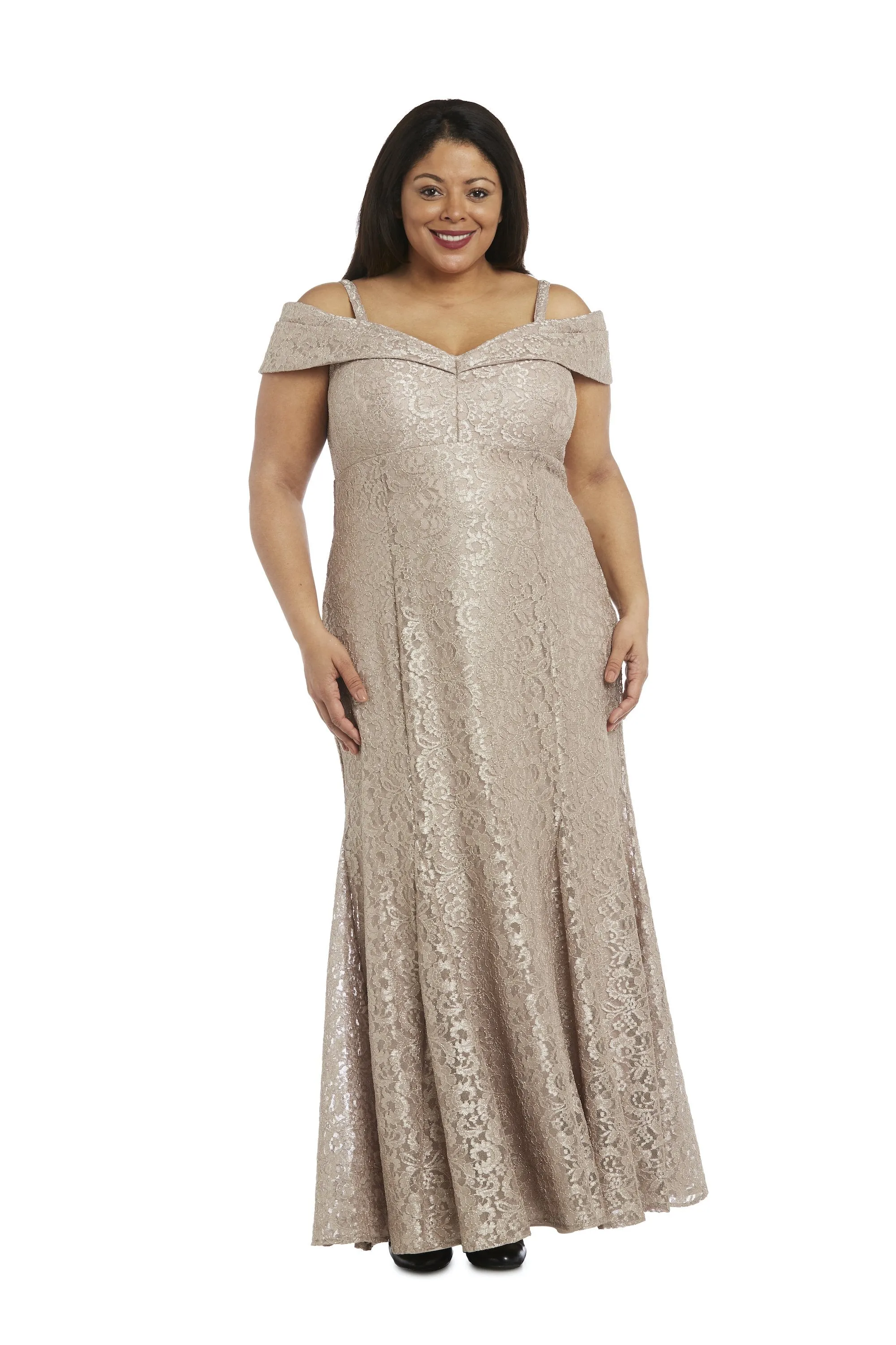 Off the Shoulder Glitter Lace Gown Godet Plts at Hem