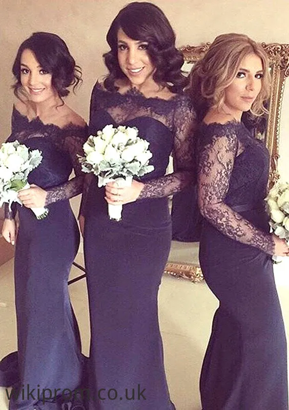 Off-The-Shoulder Sheath/Column Sweep Train Elastic Satin Bridesmaid Dresses With Lace Sasha SWKP0025513