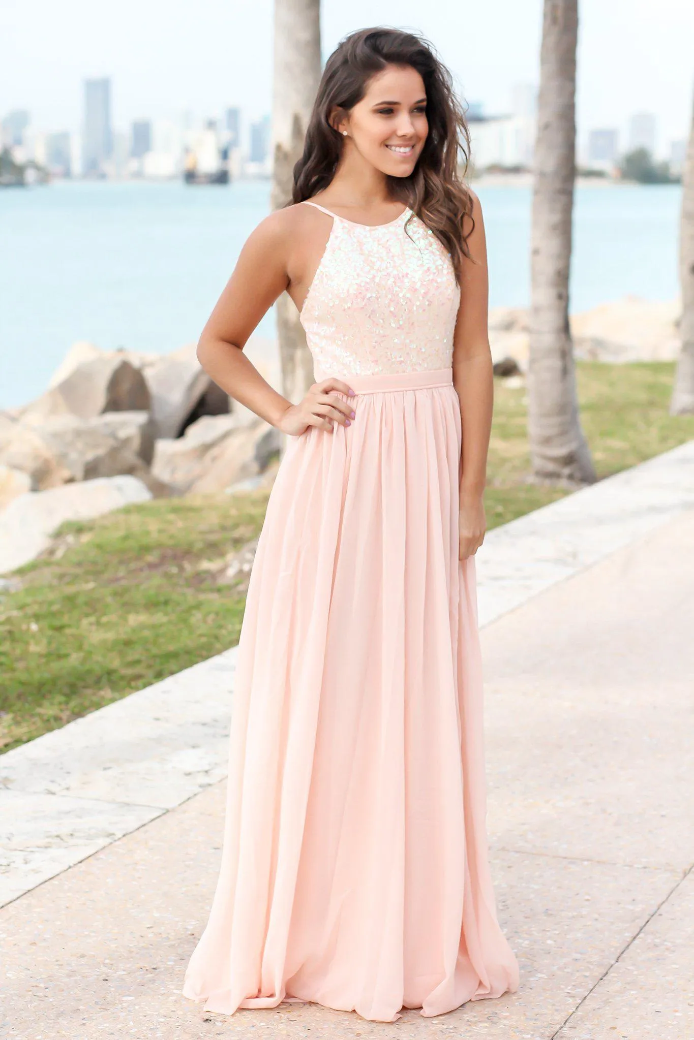 Pink Maxi Dress with Sequin Top