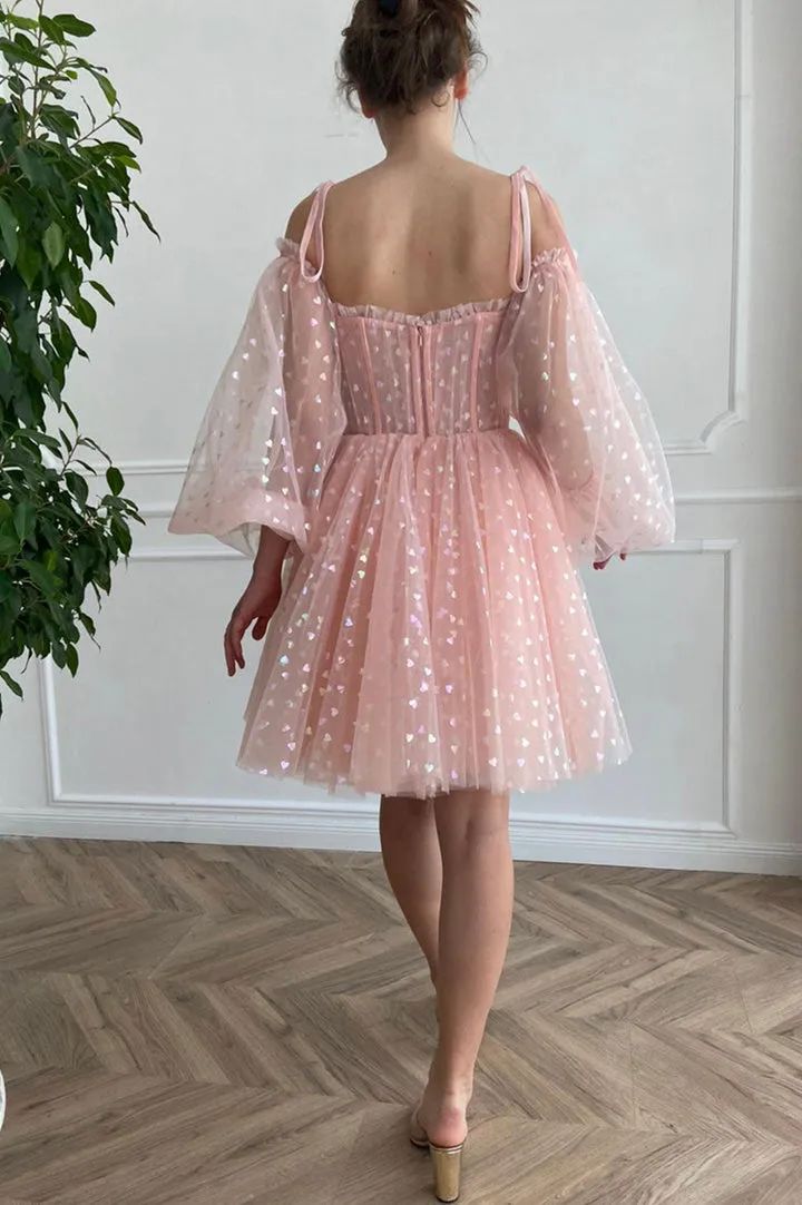 Pink Tulle Short Prom Dresses Cute Puff Sleeved Mini Party Dresses Homecoming Dresses