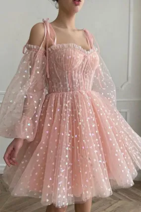 Pink Tulle Short Prom Dresses Cute Puff Sleeved Mini Party Dresses Homecoming Dresses