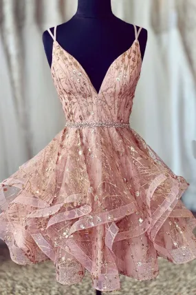 Pink V-Neck Tulle Short Prom Dresses A-Line Mini Party Dresses Sexy Homecoming Dresses