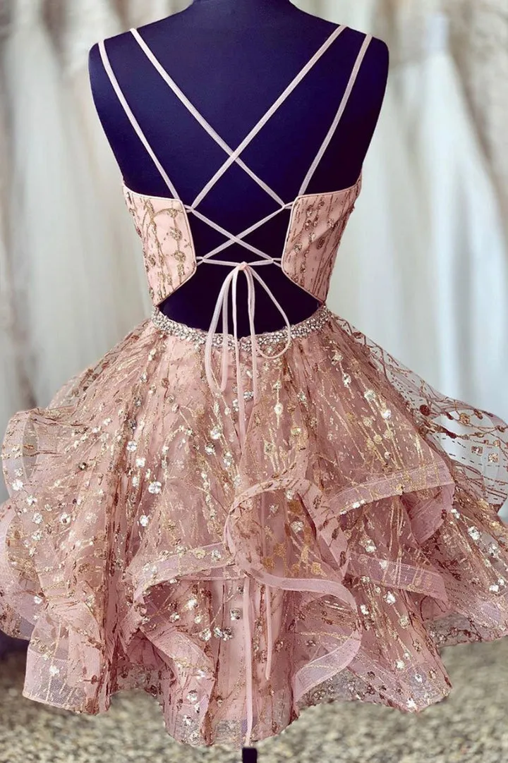 Pink V-Neck Tulle Short Prom Dresses A-Line Mini Party Dresses Sexy Homecoming Dresses