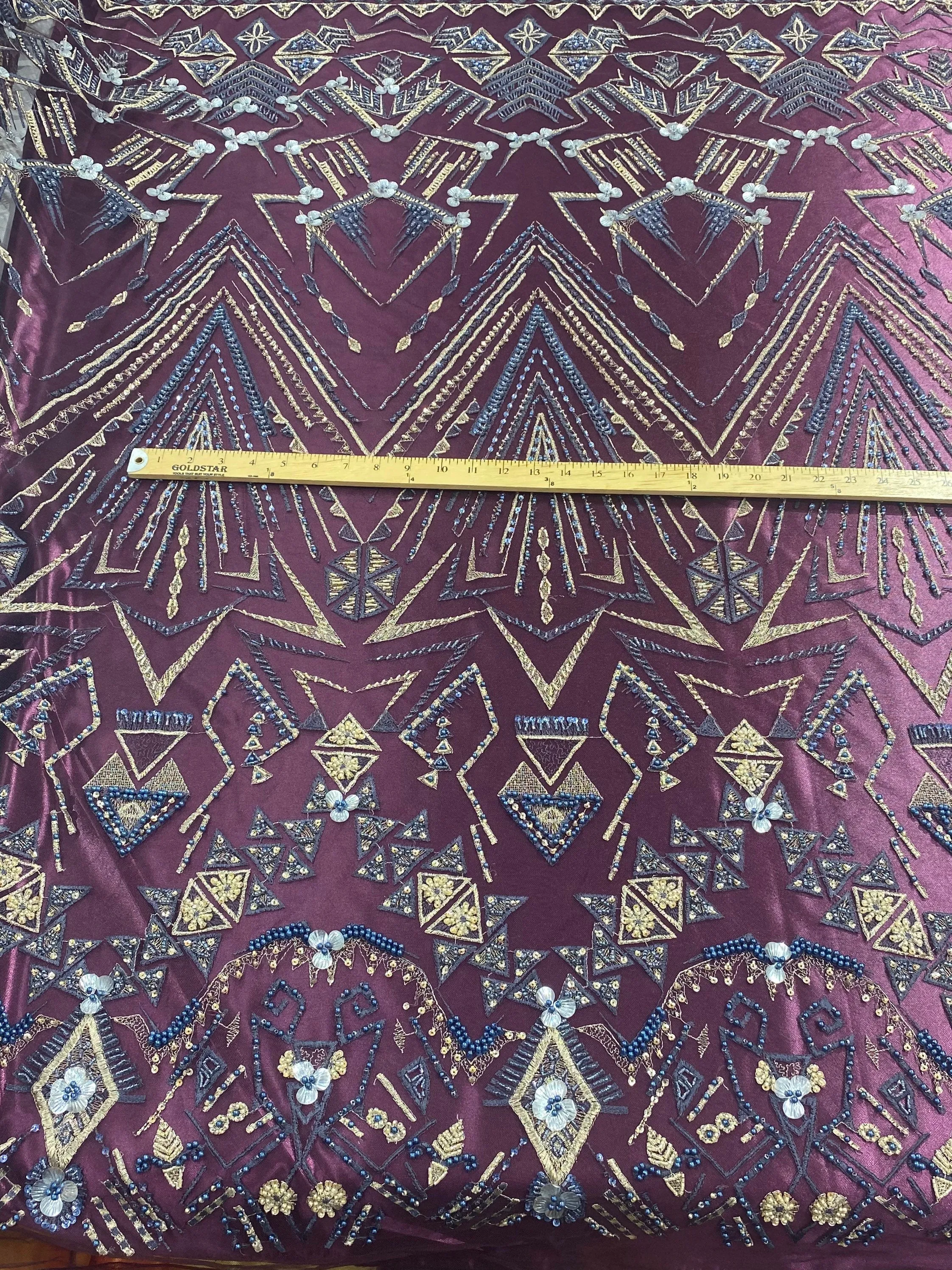 Plum multi color geometric design with heavy beaded and sequins on a mesh lace-prom-nightgown-sold by the yard.