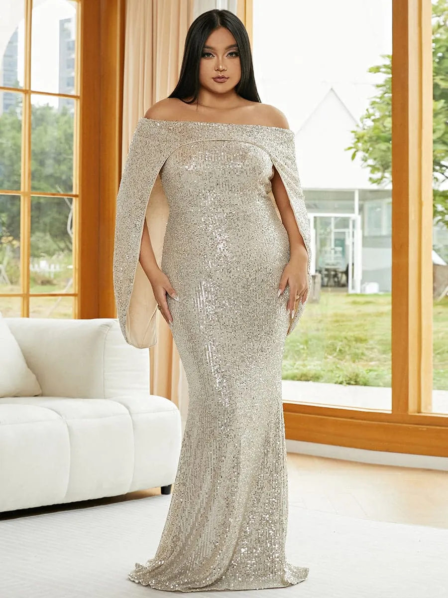 Plus Size Cape Sleeve Red Formal Sequin Mermaid Dress PXJ1395