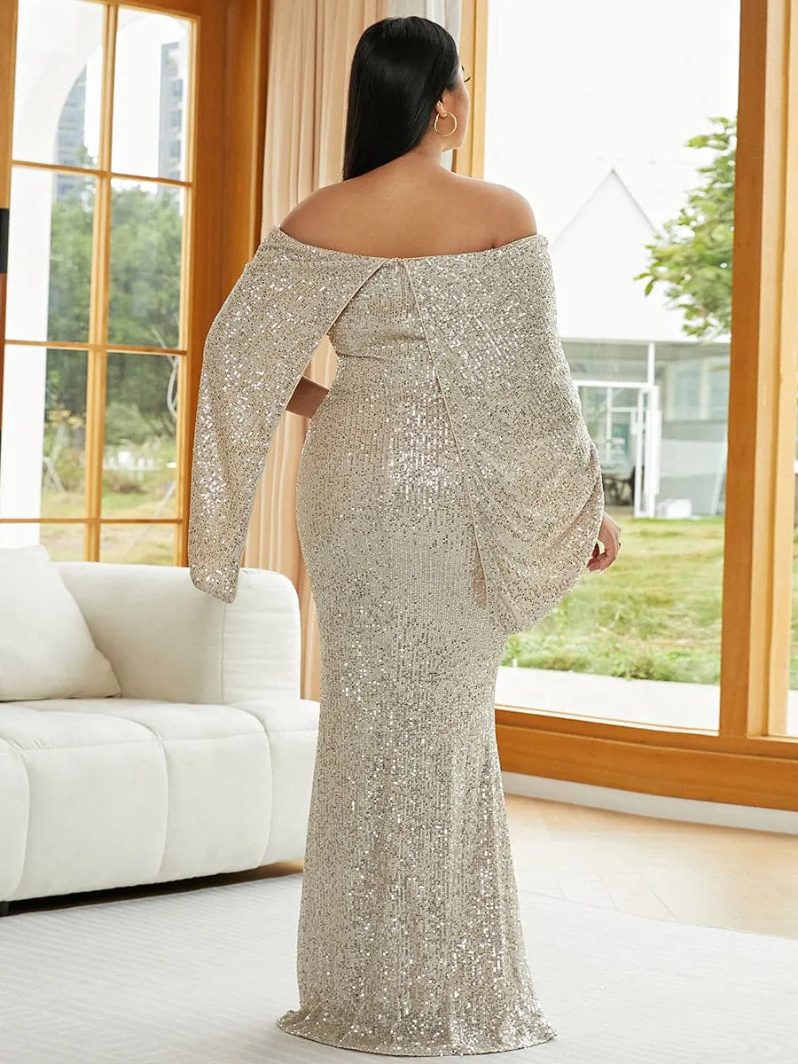 Plus Size Cape Sleeve Red Formal Sequin Mermaid Dress PXJ1395