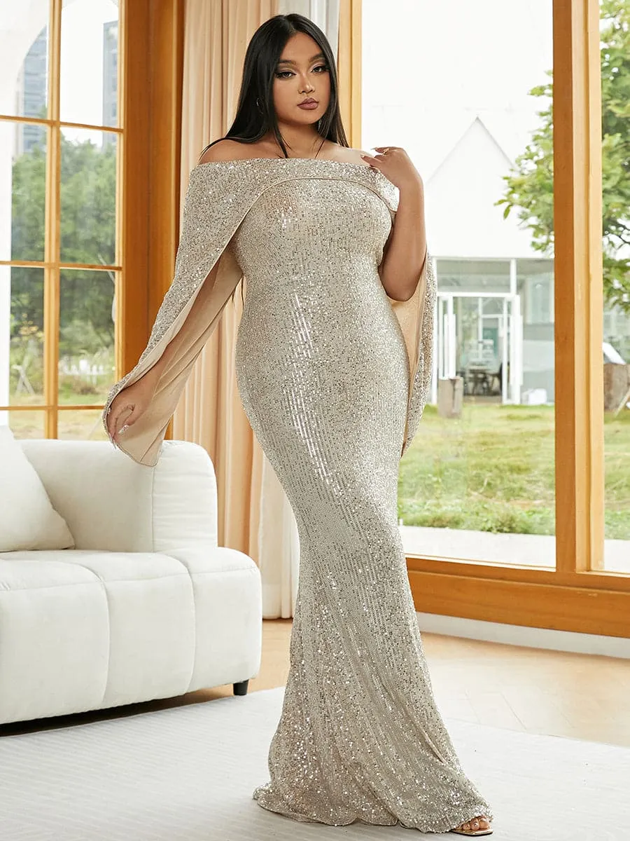 Plus Size Cape Sleeve Red Formal Sequin Mermaid Dress PXJ1395