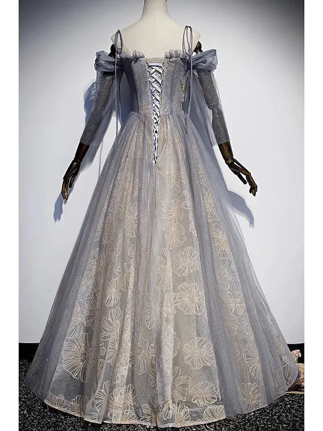 Prom Dresses Glittering Dress Wedding Guest Floor Length  Length Sleeve Spaghetti Strap Tulle with Sequin Embroidery