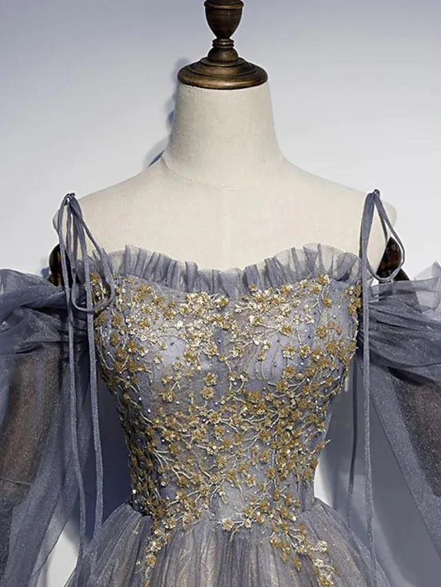 Prom Dresses Glittering Dress Wedding Guest Floor Length  Length Sleeve Spaghetti Strap Tulle with Sequin Embroidery
