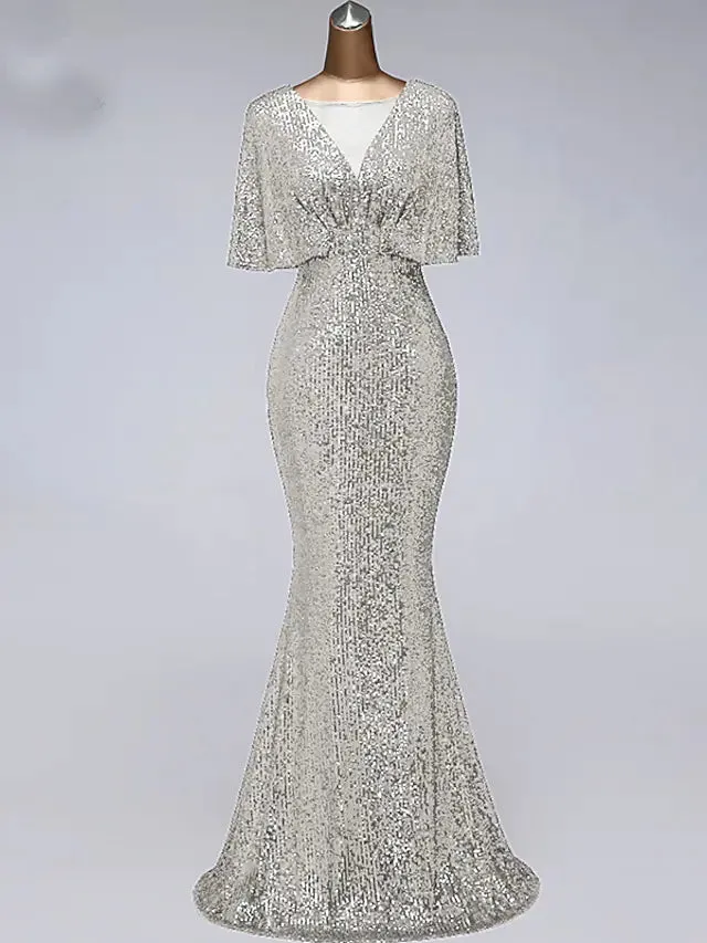 Prom Dresses Sparkle Dress Wedding Guest Floor Length Half Sleeve Illusion Neck Sequined with Sequin Ruffles