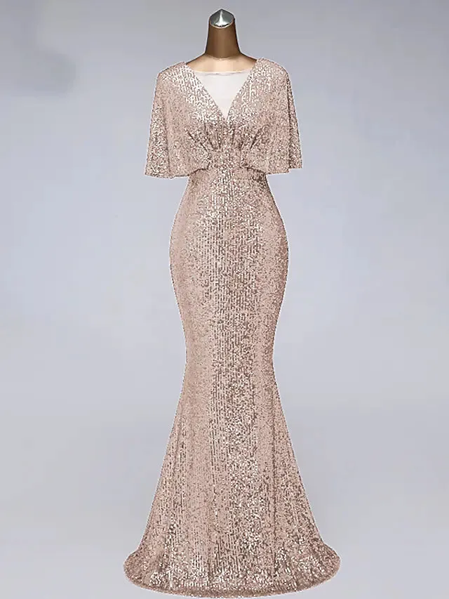 Prom Dresses Sparkle Dress Wedding Guest Floor Length Half Sleeve Illusion Neck Sequined with Sequin Ruffles