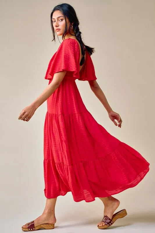 Red Maxi Dress With Flutter Sleeves