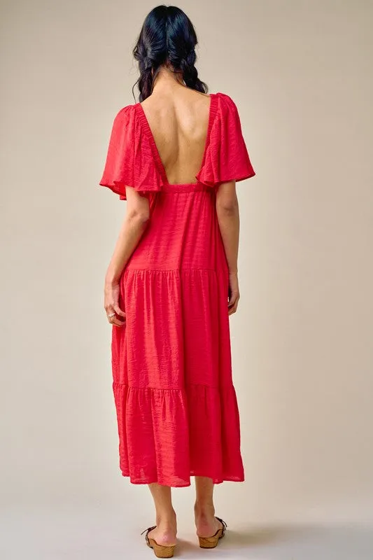 Red Maxi Dress With Flutter Sleeves