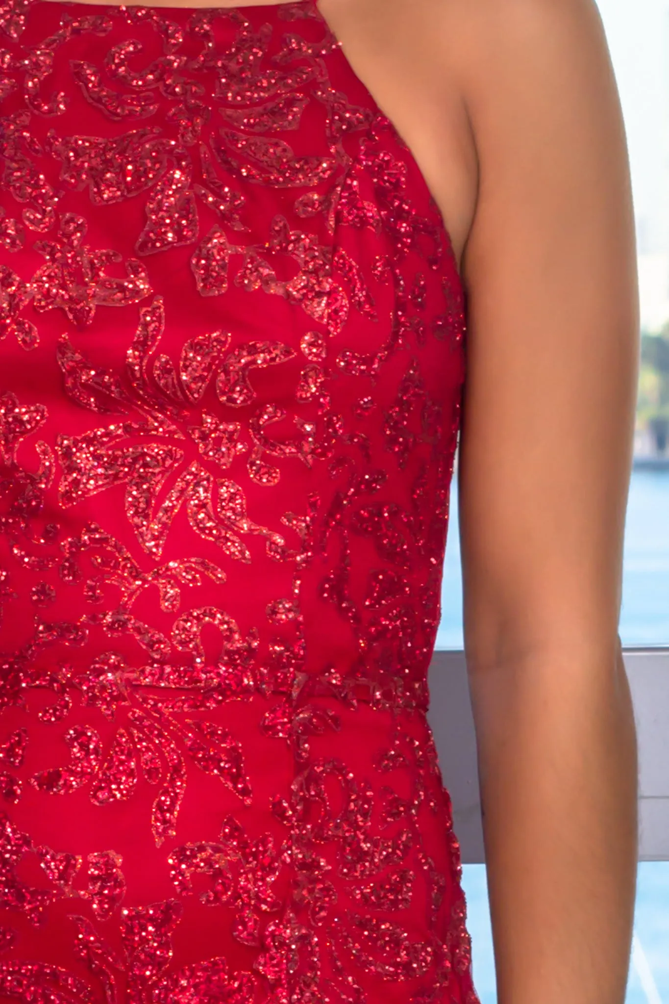 Red Sequin Maxi Dress with Side Slit