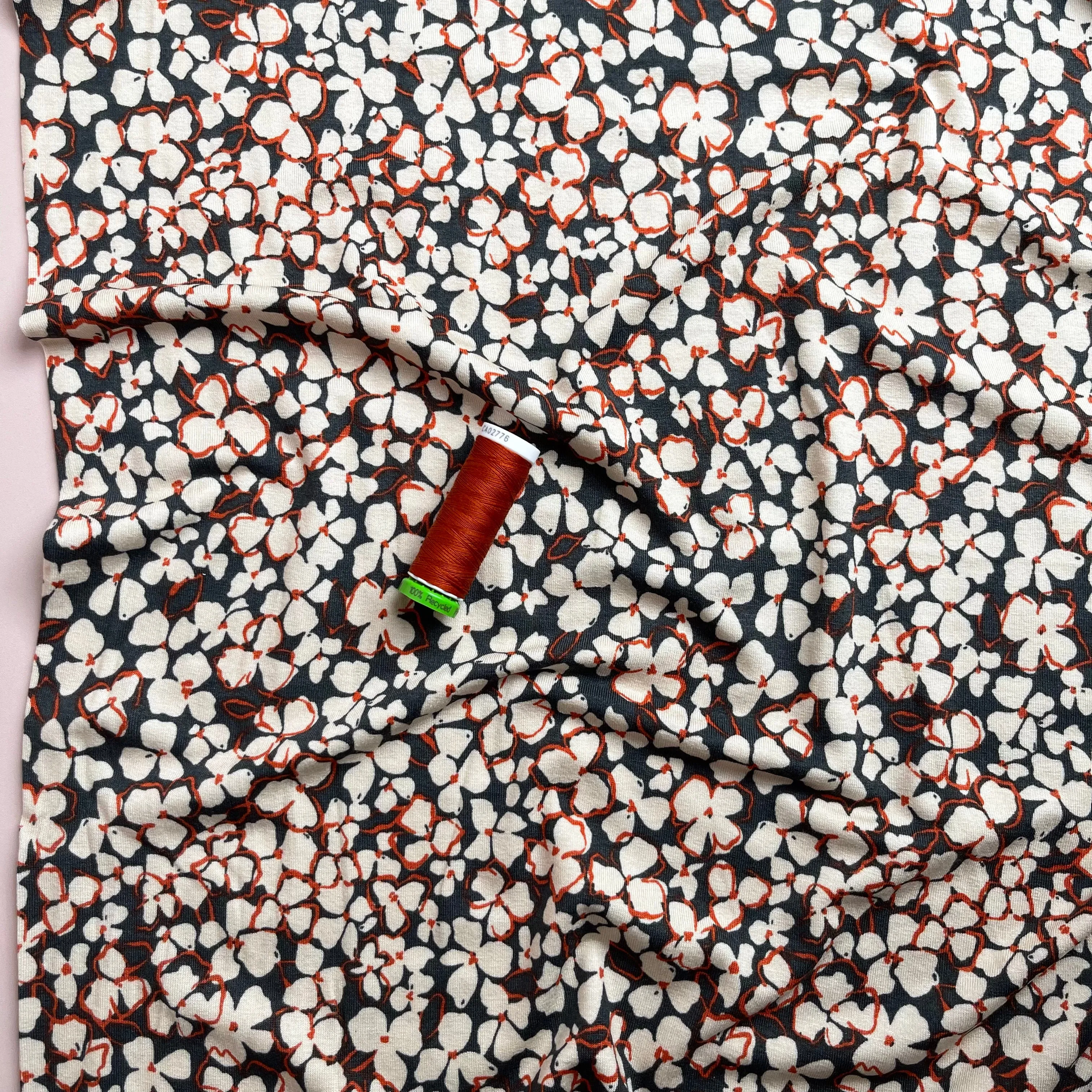 REMNANT 0.58 Metres - Petals on Grey Viscose Jersey Fabric