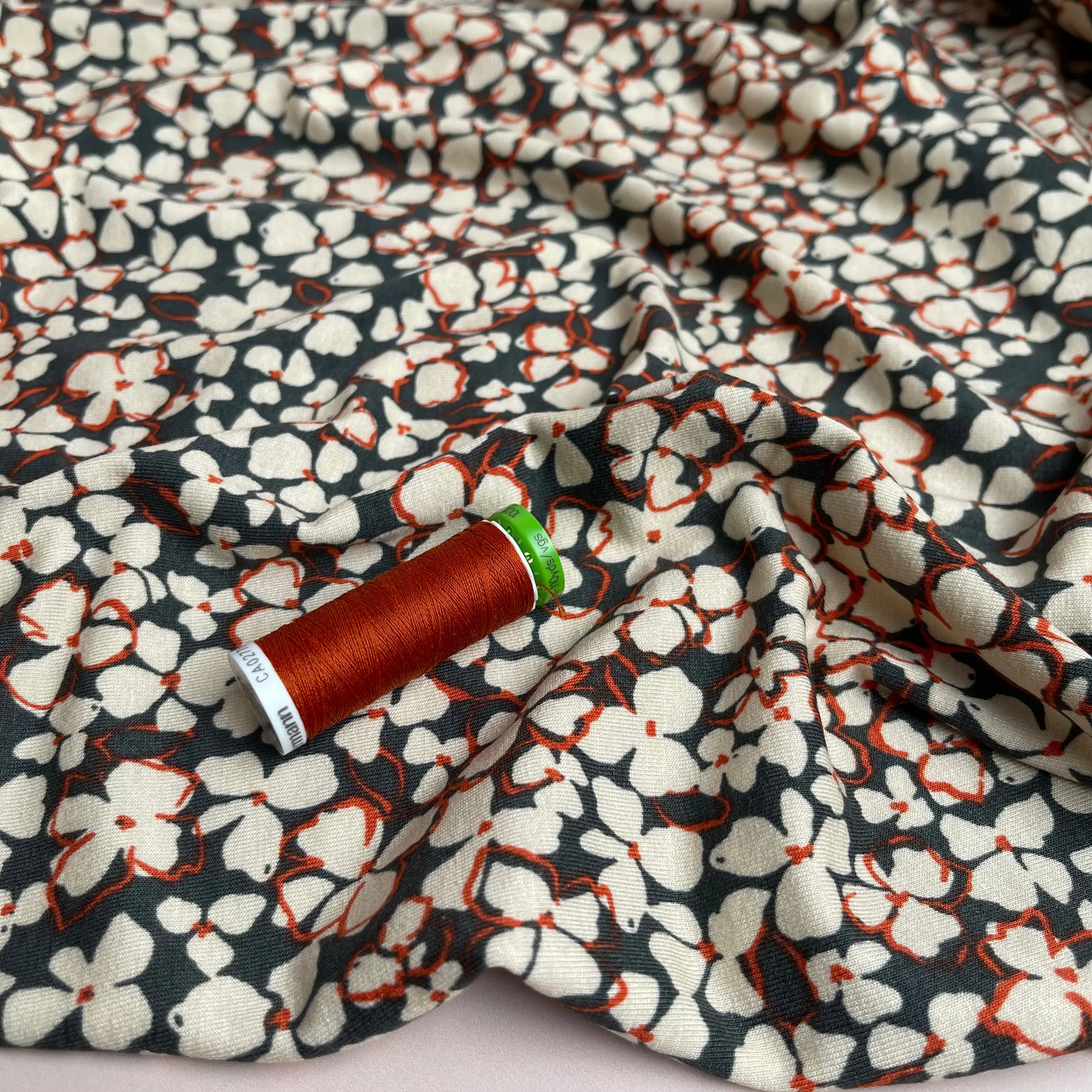 REMNANT 0.58 Metres - Petals on Grey Viscose Jersey Fabric